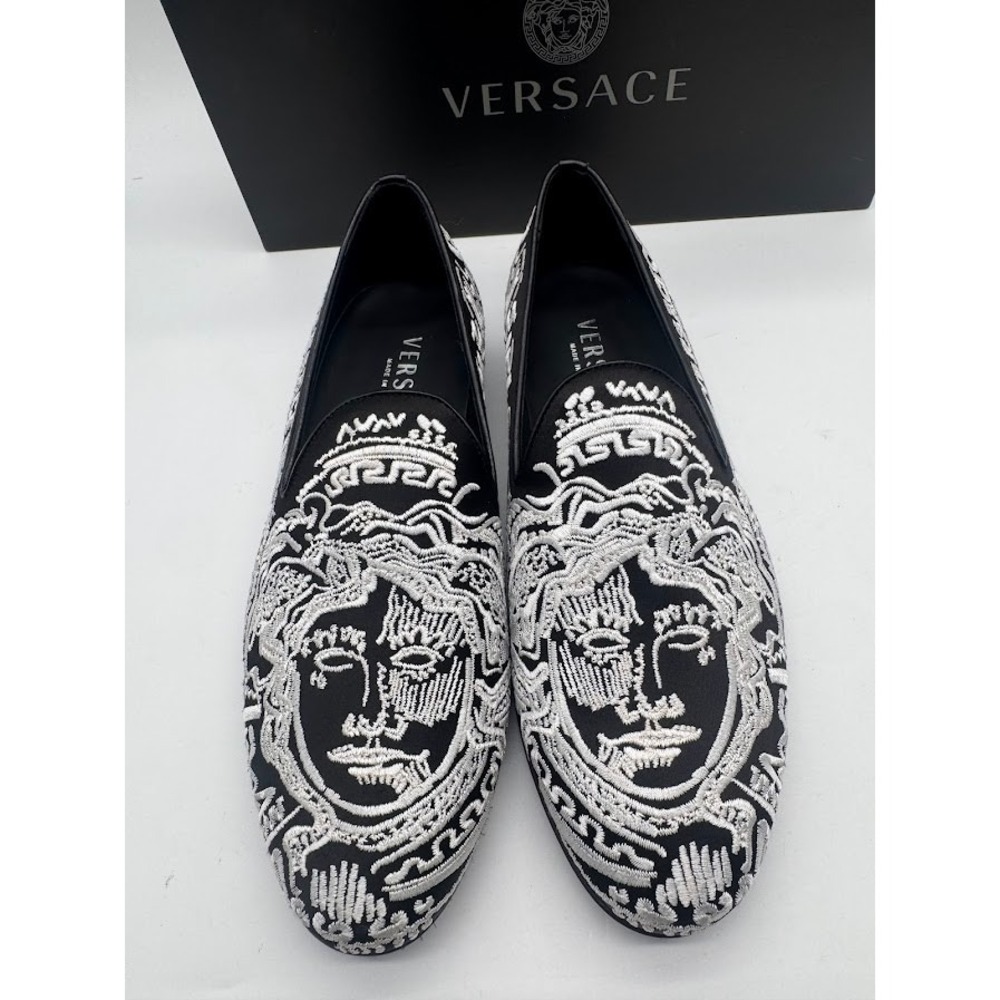 Versace Medusa Embroidered Slippers Black White Loafers DSU6488 US7 IT39 NEW - Picture 5 of 12